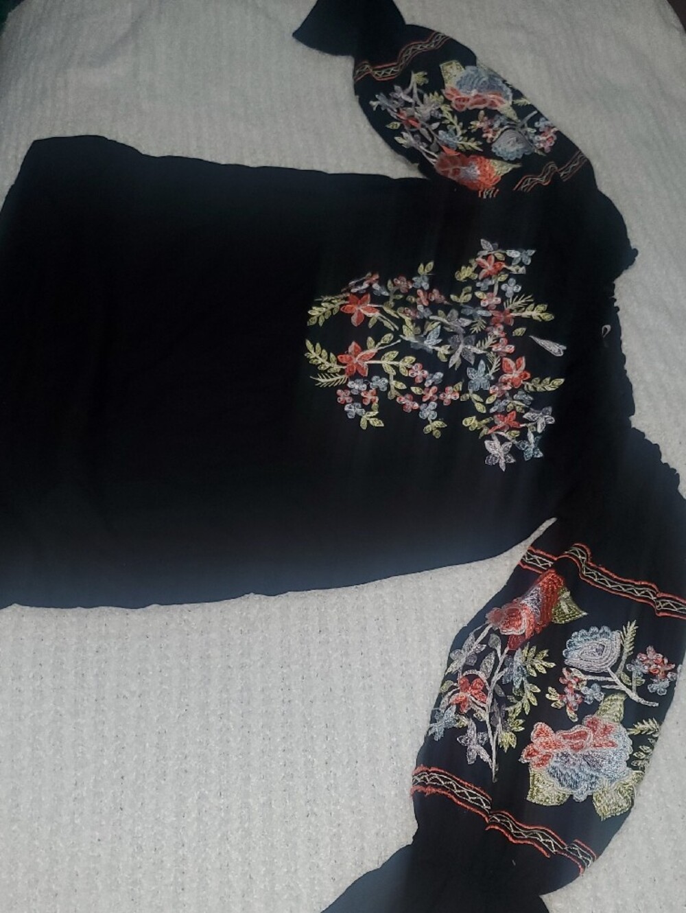 Free People Black Off-Shoulder Tunic with Multicolor Floral Embroidery